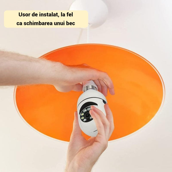 Cameră de Supraveghere tip bec, WiFi 360° – Night Vision, Detectare Mișcare, Audio Bidirecțional